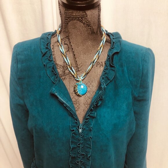 Susan Graver Jacket Womens Size Small Teal Green Zippered Ruffle Collar Blazer - Picture 2 of 6